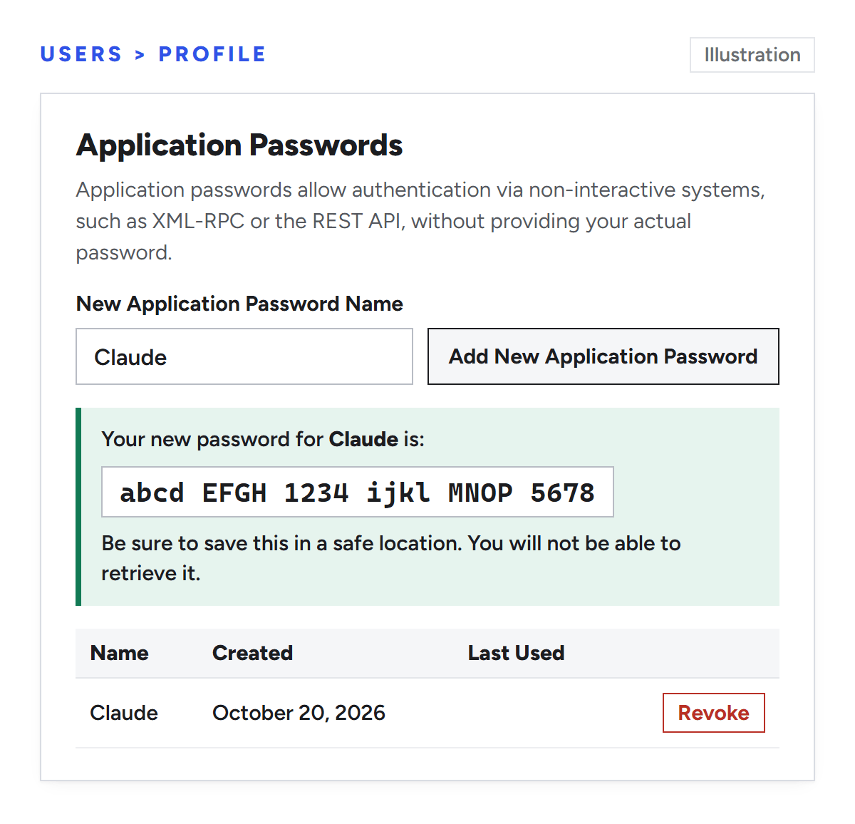 Illustration of the Application Passwords section of a WordPress user profile: a new application password named Claude, shown once as abcd EFGH 1234 ijkl MNOP 5678 with a warning to save it, and a list where the Claude password has an empty Last Used column and a Revoke button.